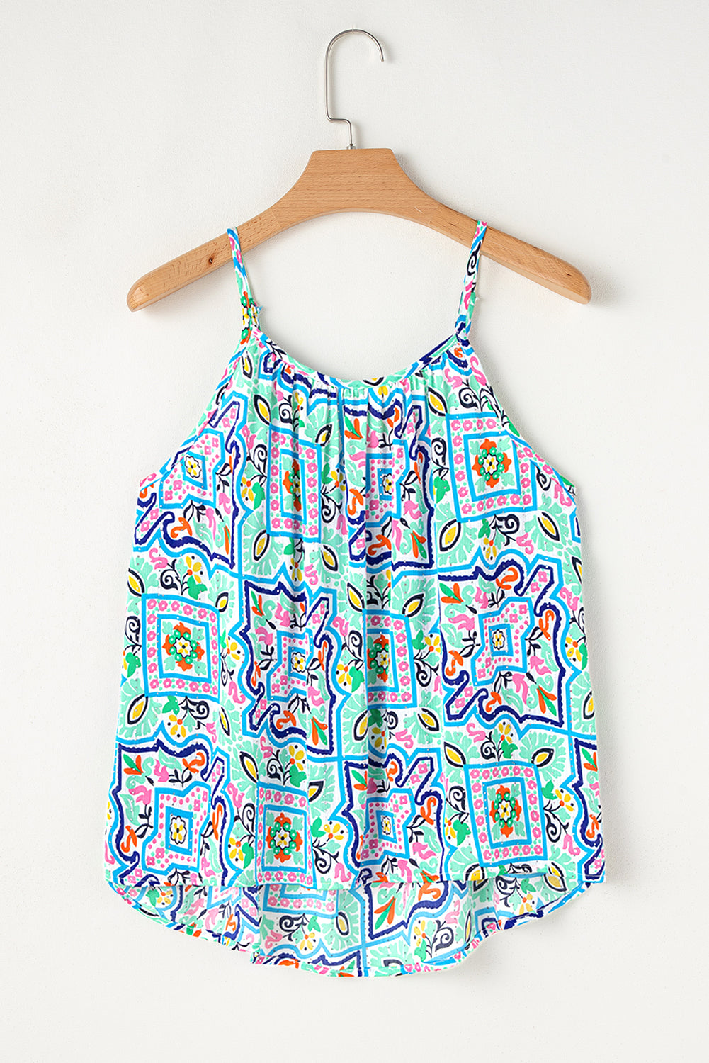 White Rhinestone Boho Floral Printed Spaghetti Strap Tank Top