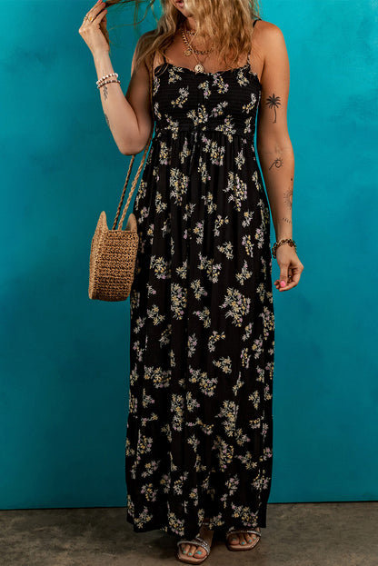 Black Floral Spaghetti Strap Shirred Bodice Tied Empire Waist Maxi Dress