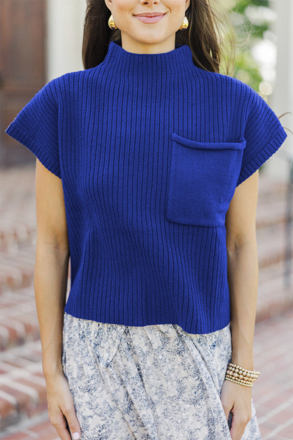 Dark Blue Patch Pocket Ribbed Knit Short Sleeve Sweater