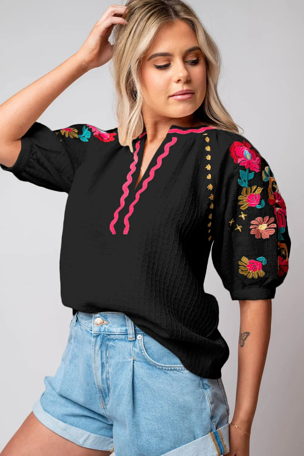 Black Floral Embroidered Ricrac Puff Sleeve Textured Blouse - Chic Meadow Boutique 