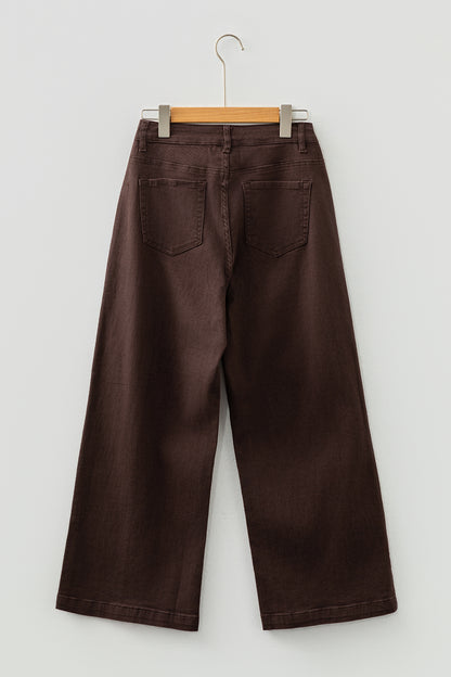 Red Sandalwood Solid Color Seamed Center Wide Leg Cropped Jeans