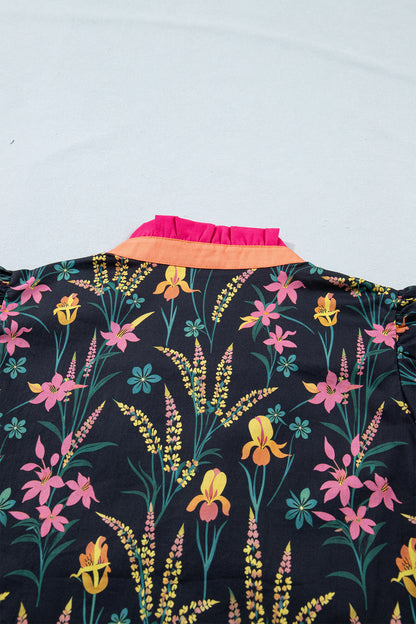 Black Floral Print Contrast Trim Tiered Ruffled Short Sleeve Blouse