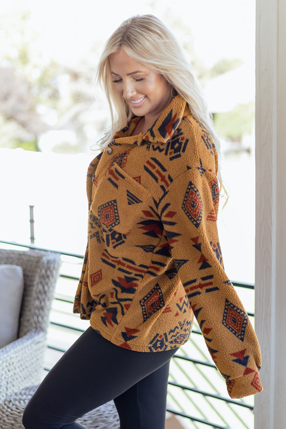 Khaki Western Aztec Pattern Fleece Shacket