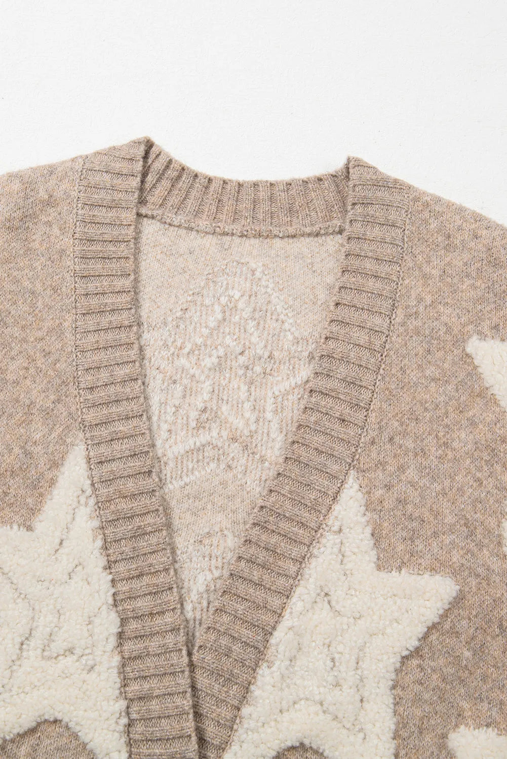 Khaki Sherpa Star Pattern Textured Sweater Cardigan with Pockets - Chic Meadow Boutique 