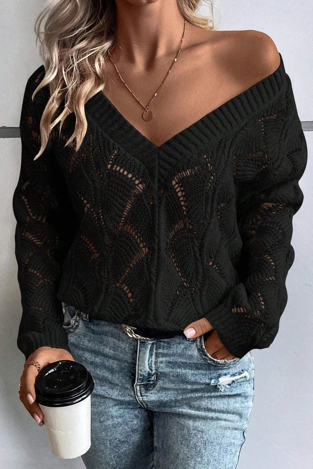 Black Hollow Out Knit V Neck Drop Shoulder Sweater - Chic Meadow Boutique 