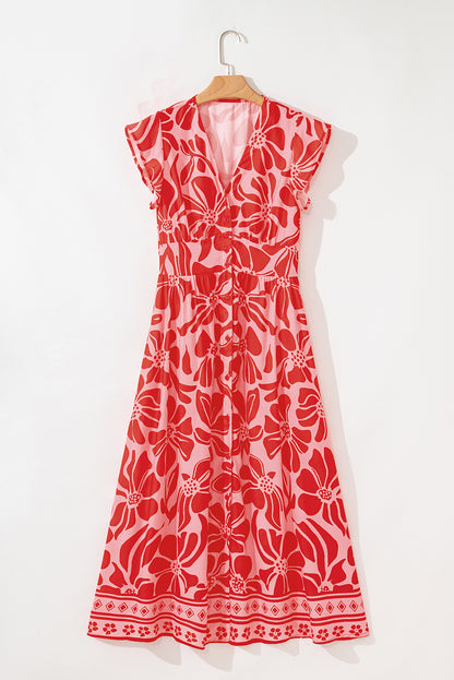 Red Boho Floral Short Sleeve V Neck Buttoned Shirred Waist Long Dress