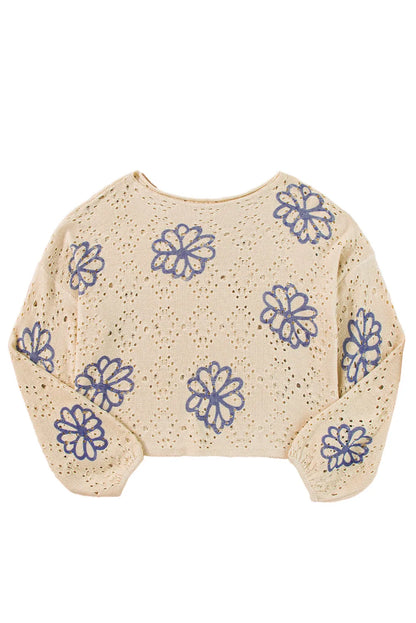 Beige Contrast Flower Print Eyelet Drop Shoulder Sweater - Chic Meadow Boutique 