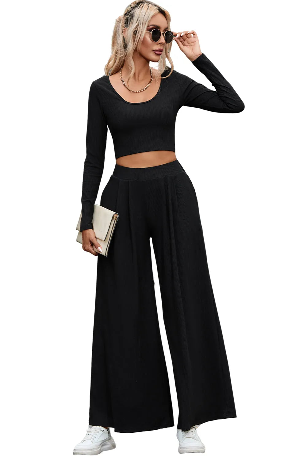 Black Solid Color Ribbed Crop Top Long Pants Set - Chic Meadow Boutique 