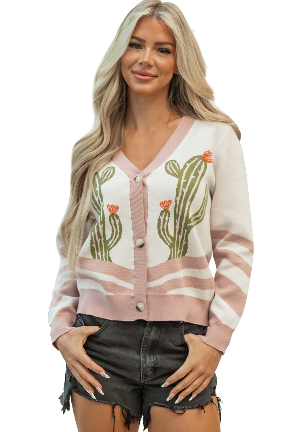 Apricot Desert Cactus Buttoned Front Sweater Cardigan