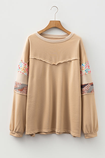 Khaki Exposed Seam Floral Mixed Patchwork Relaxed Plus Size Top