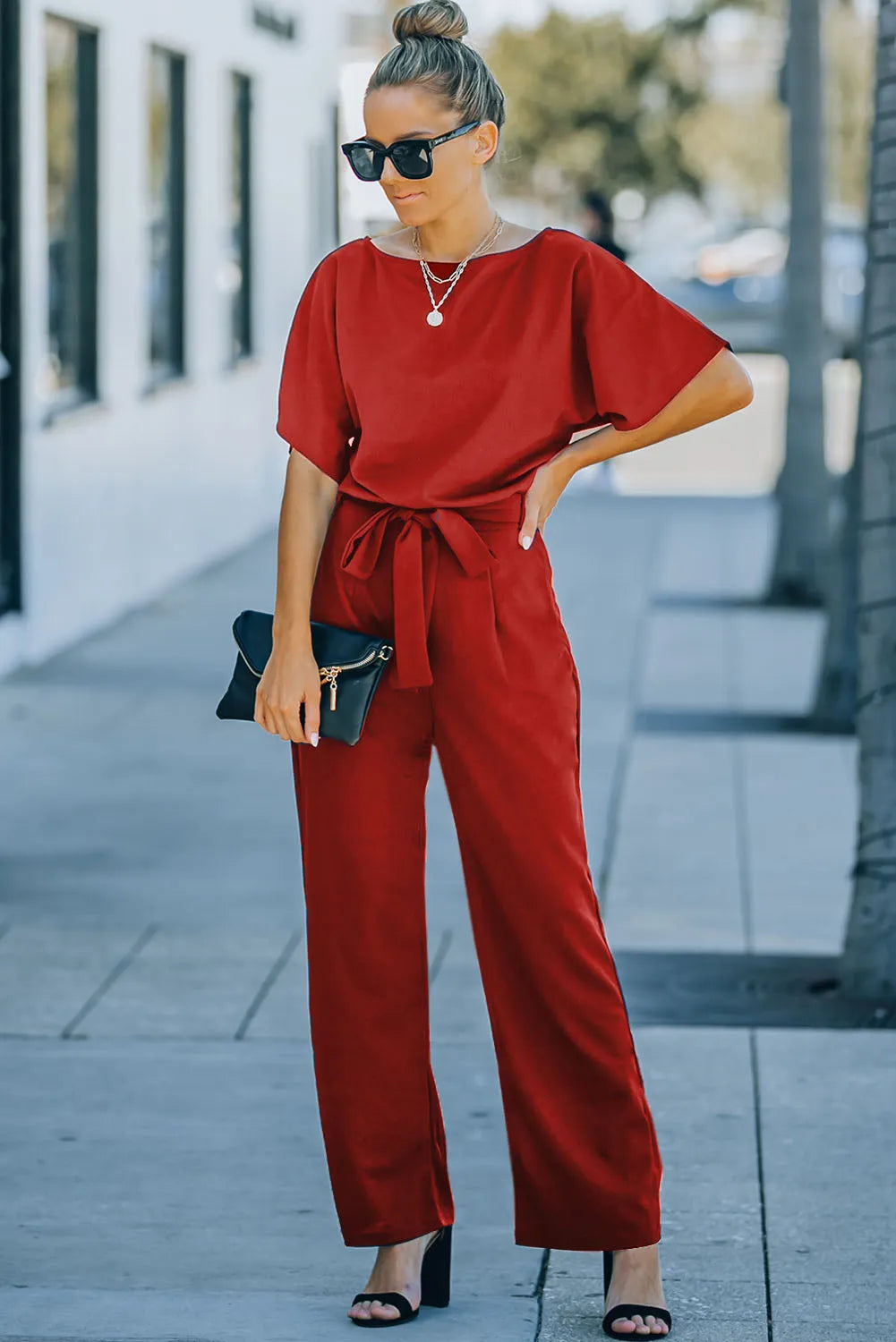 Fiery Red Belted Wide Leg Jumpsuit - Chic Meadow Boutique 