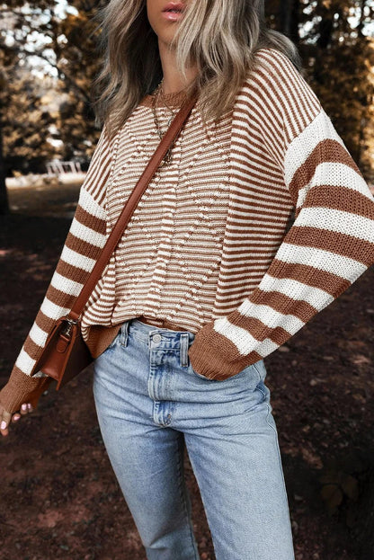 Sweaters & Cardigans/Sweaters Brown Stripe Geometric Textured Drop Shoulder Sweater