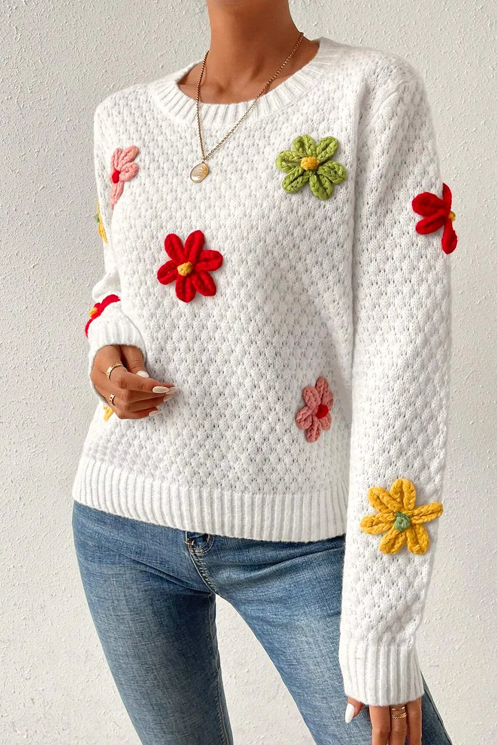 Sweaters & Cardigans/Sweaters White Colorful Flower Applique Textured Knit Sweater