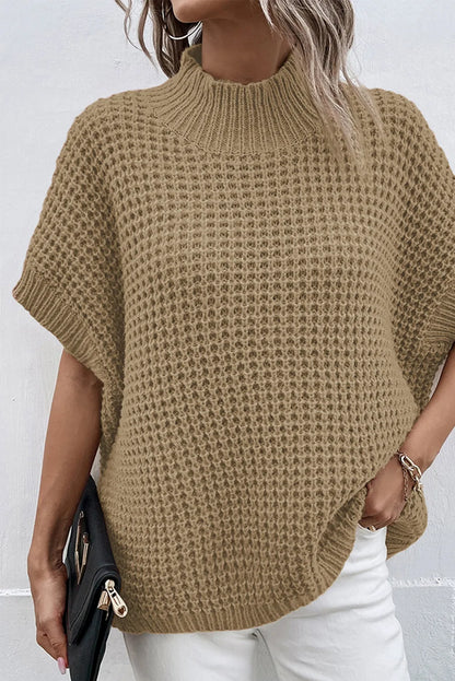 Light French Beige High Neck Short Batwing Sleeve Textured Knit Sweater - Chic Meadow Boutique 