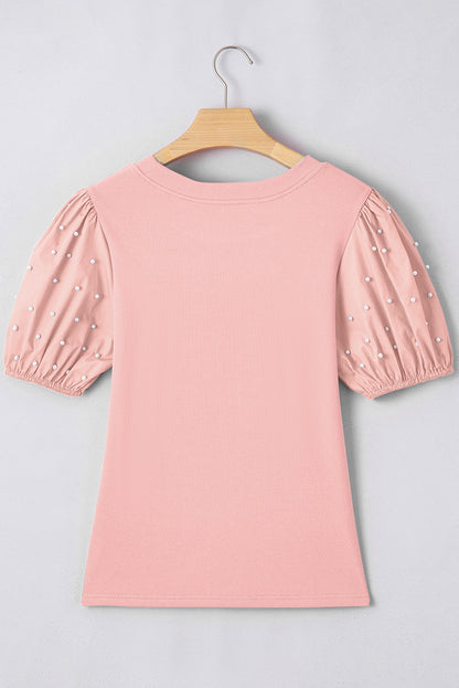 Light Pink Ribbed Pearl Beaded Puff Sleeve Top