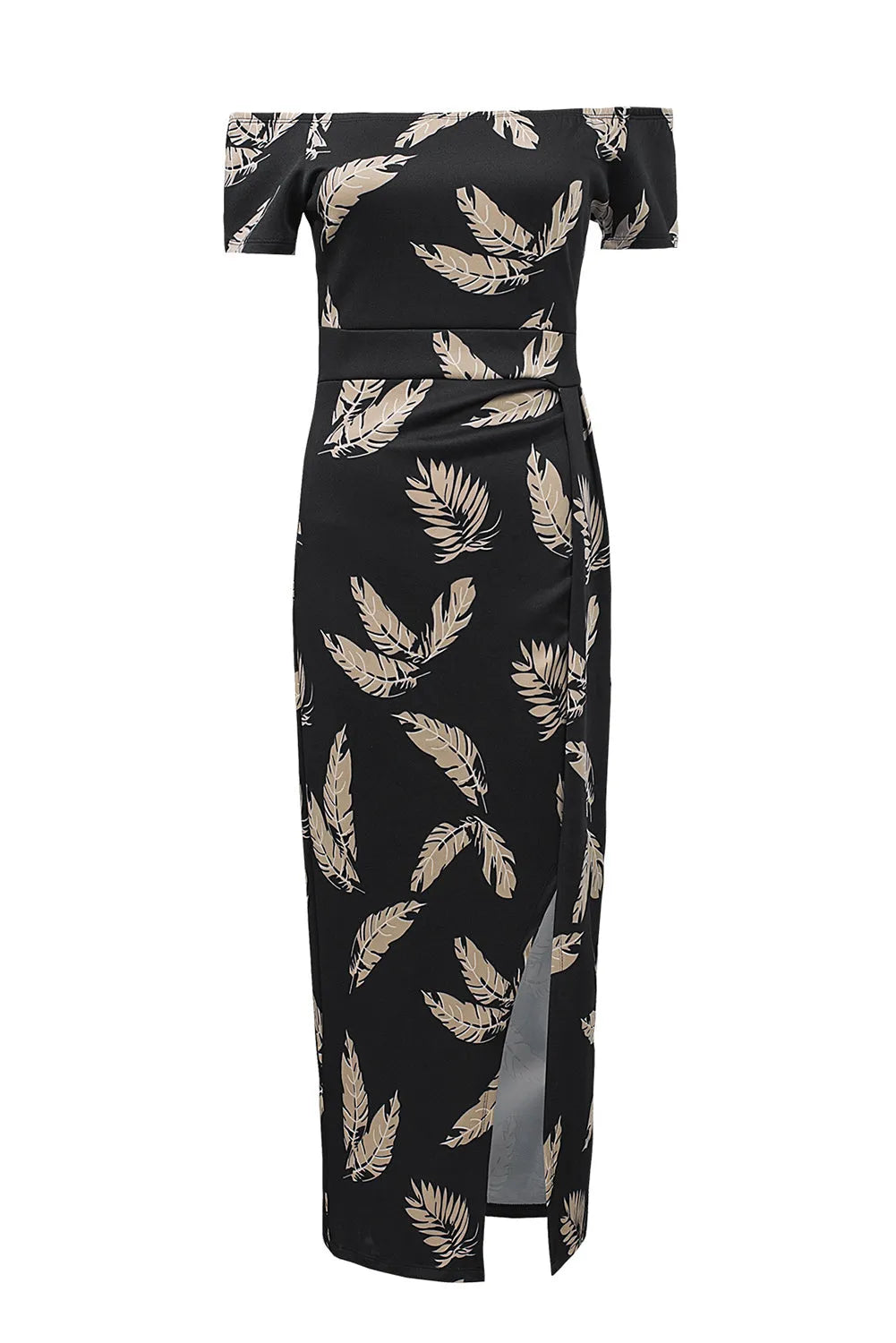 Black Pattern Print Off Shoulder Slit Bodycon Midi Dress - Chic Meadow Boutique 