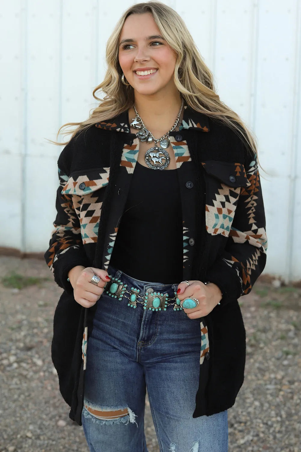 Black Western Aztec Print Accent Fleece Shacket - Chic Meadow Boutique 