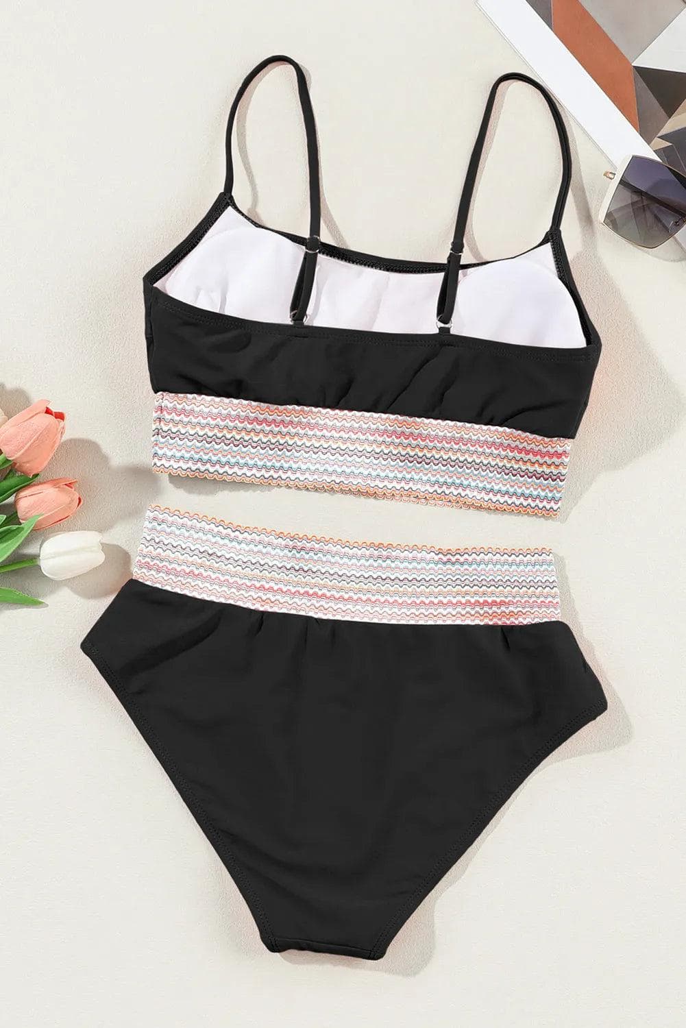 Black Striped Patchwork Spaghetti Strap High Waist Bikini Swimsuit - Chic Meadow Boutique 