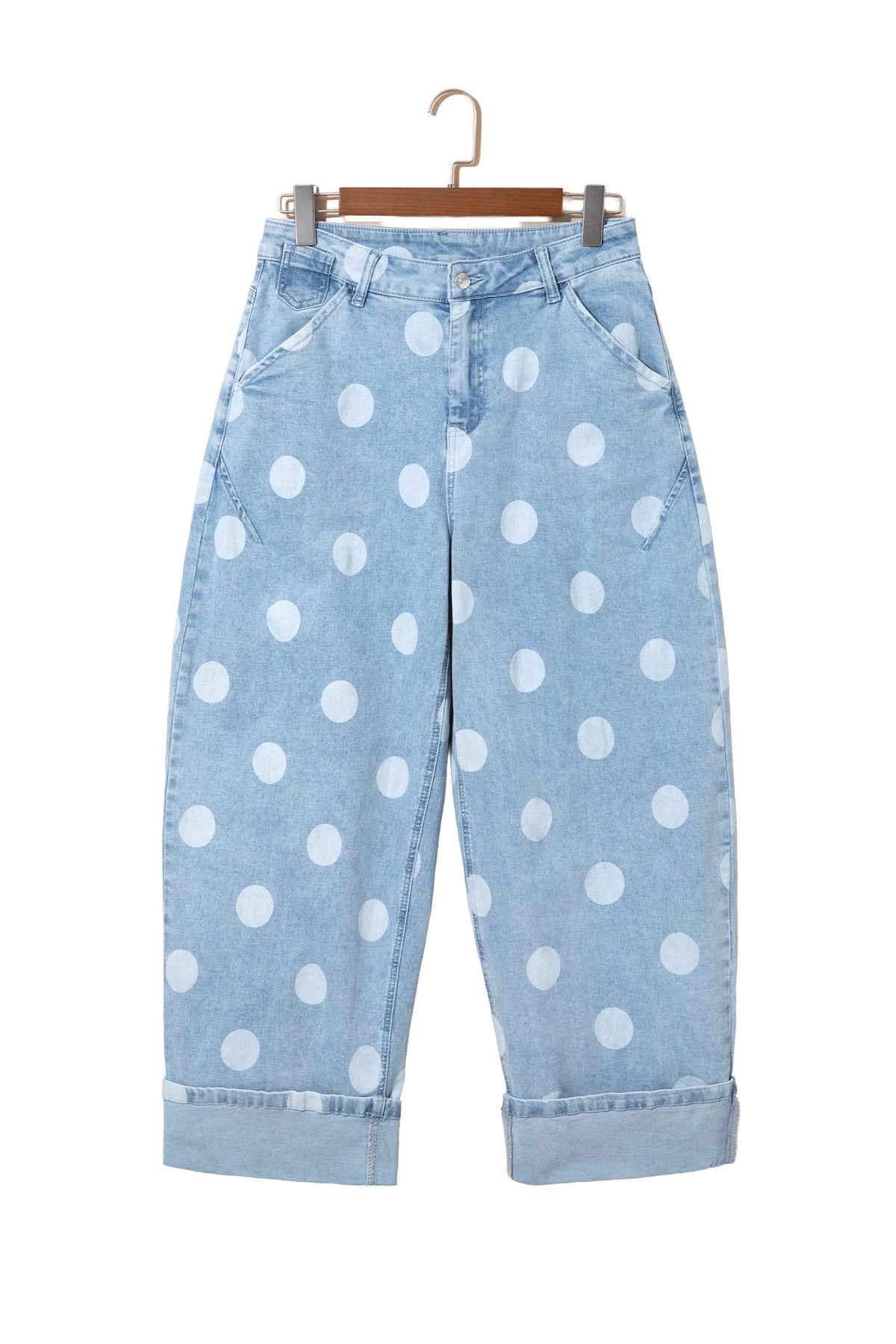 Sky Blue Polka Dot Ankle-Length Metal Button Casual Jeans