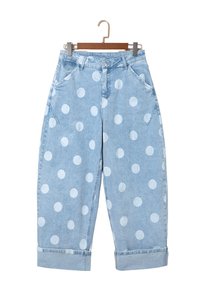 Sky Blue Polka Dot Ankle-Length Metal Button Casual Jeans