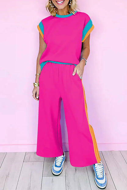 Strawberry Pink Color Block Detail Casual Two-piece Set - Chic Meadow Boutique 