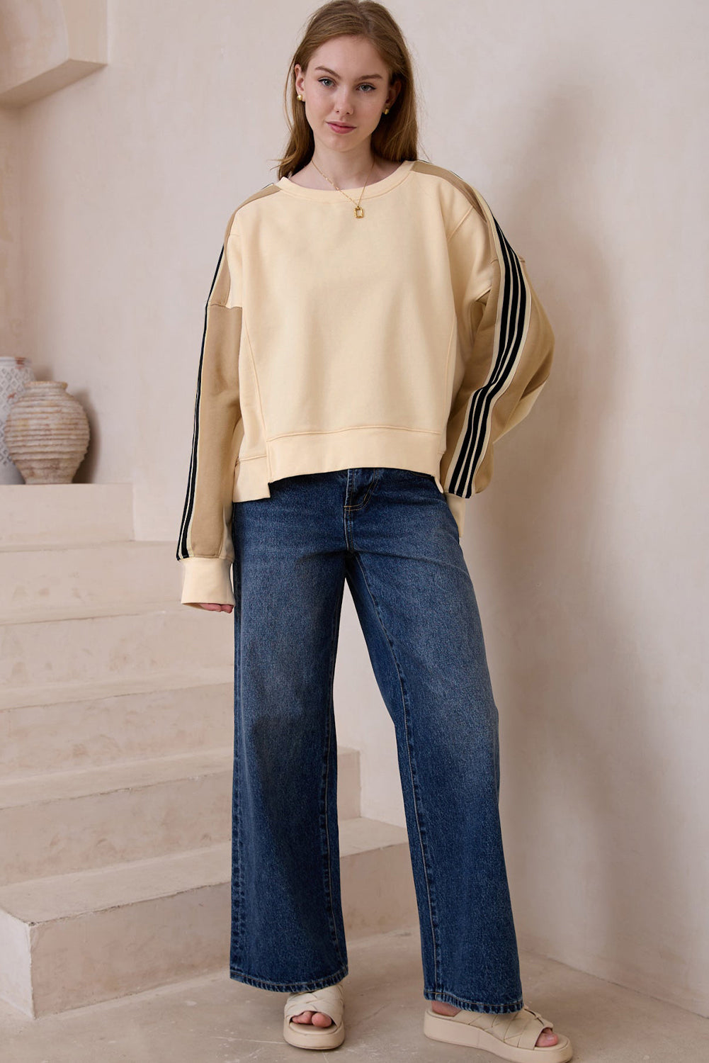 Beige Contrast Striped Patchwork Drop Shoulder Loose Sweatshirt