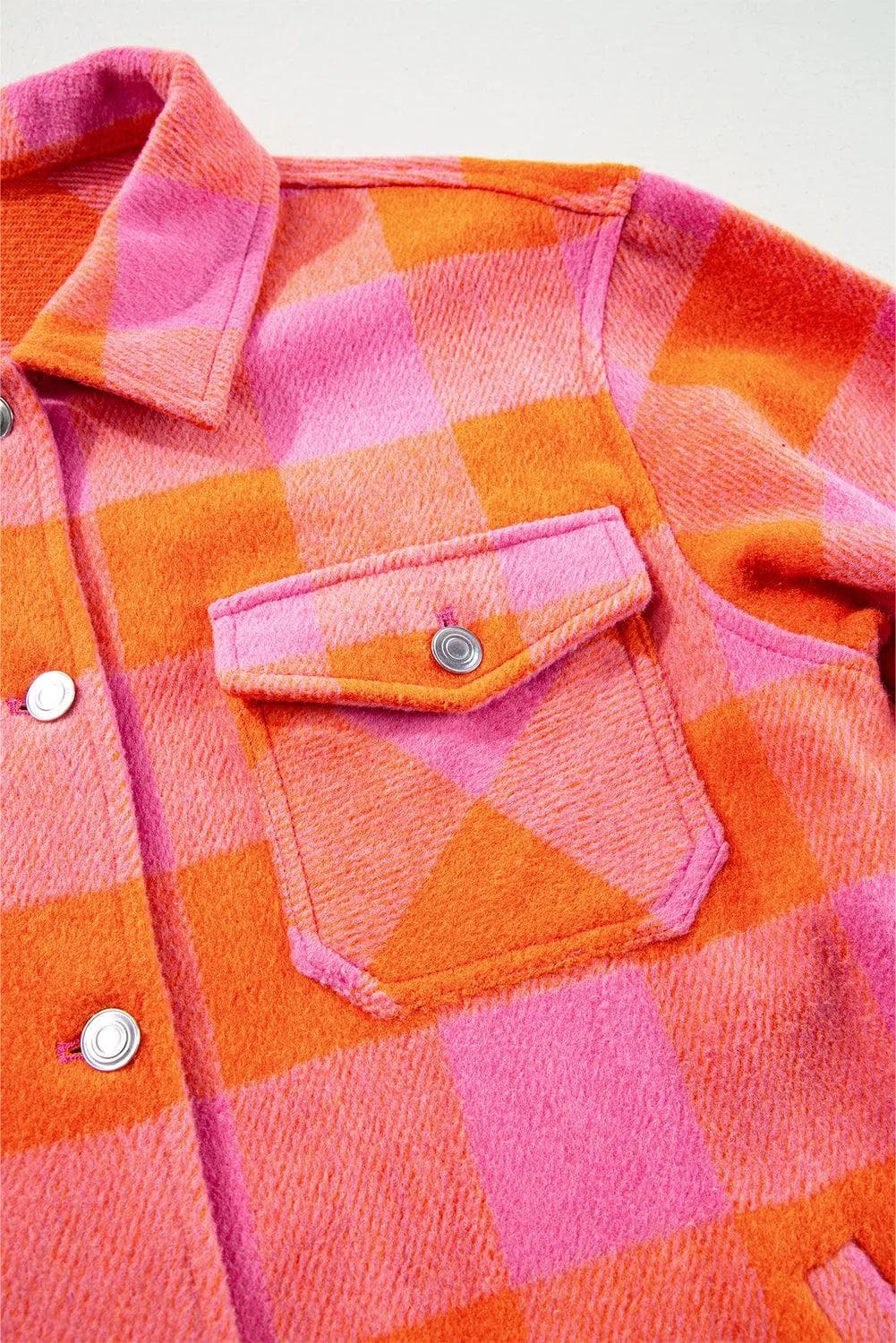 Outerwear/Jackets Orange Plaid Chest Pockets Button-up Turn Down Collar Jacket