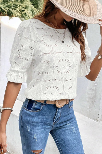 White Flower Eyelet Jacquard Keyhole Flounce Sleeve Top - Chic Meadow Boutique 