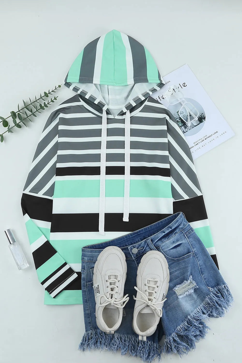 Tops/Sweatshirts & Hoodies Green Striped Drawstring Long Sleeve Hoodie