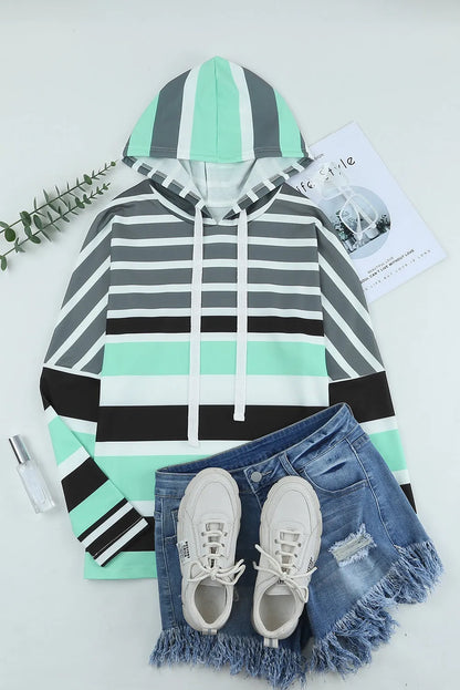 Green Striped Drawstring Long Sleeve Hoodie - Chic Meadow Boutique 