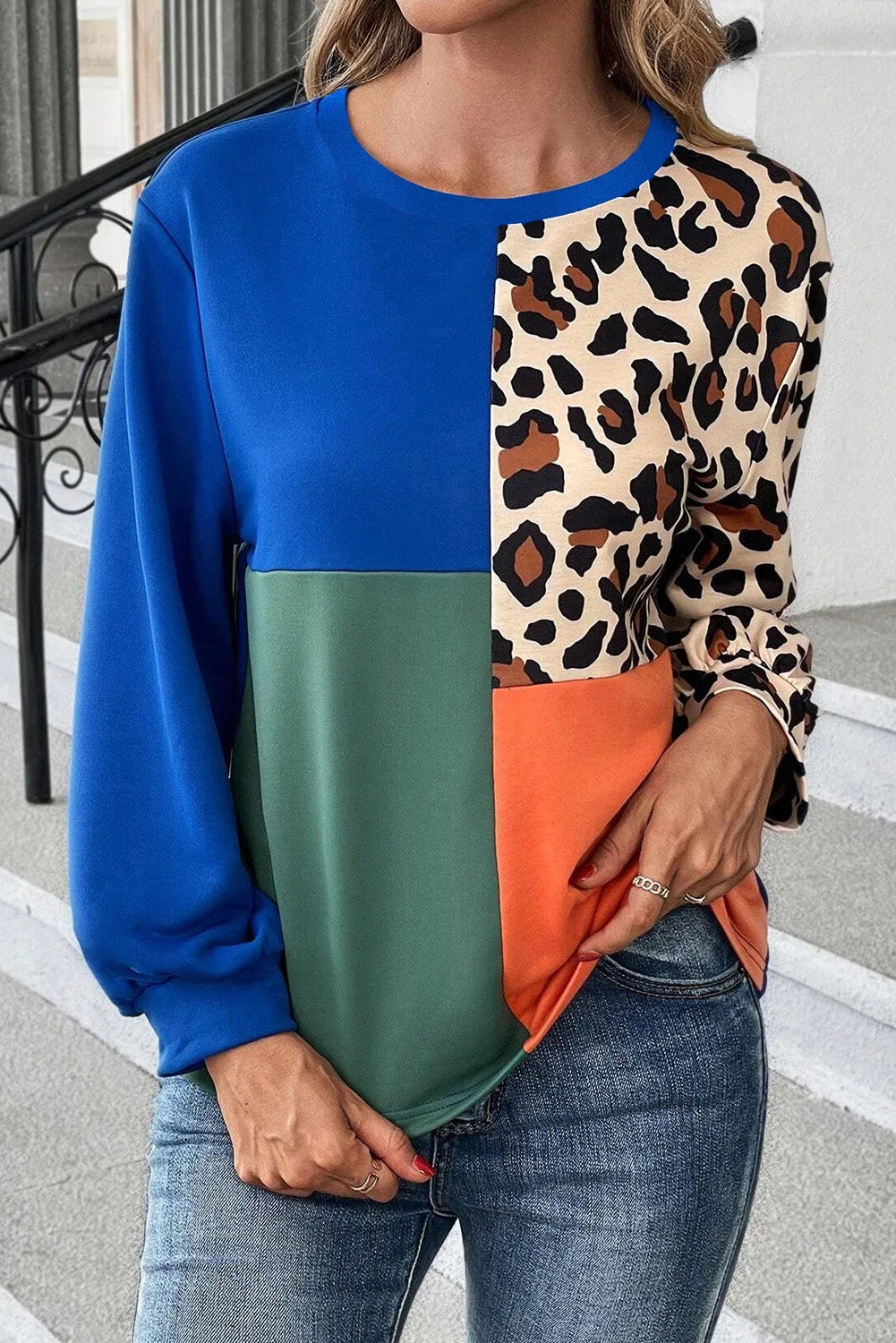 Dark Blue Leopard Print Colorblock Long Sleeve Top - Chic Meadow Boutique 