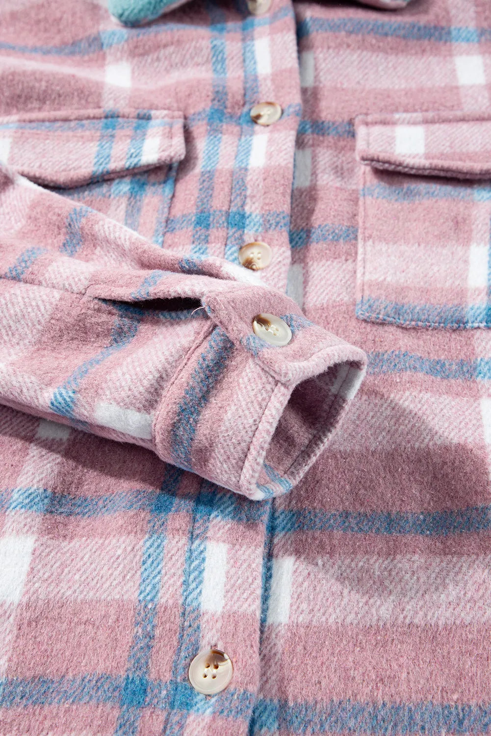 Outerwear/Plaid Shackets Pink Plaid Print Color Block Collared Flap Pockets Loose Shacket