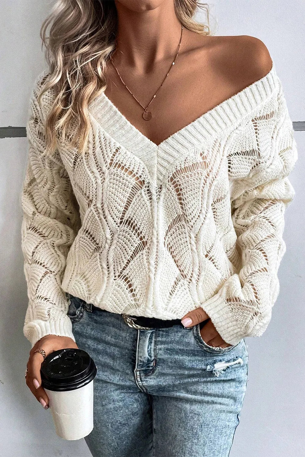 Beige Hollow Out Knit V Neck Drop Shoulder Sweater - Chic Meadow Boutique 