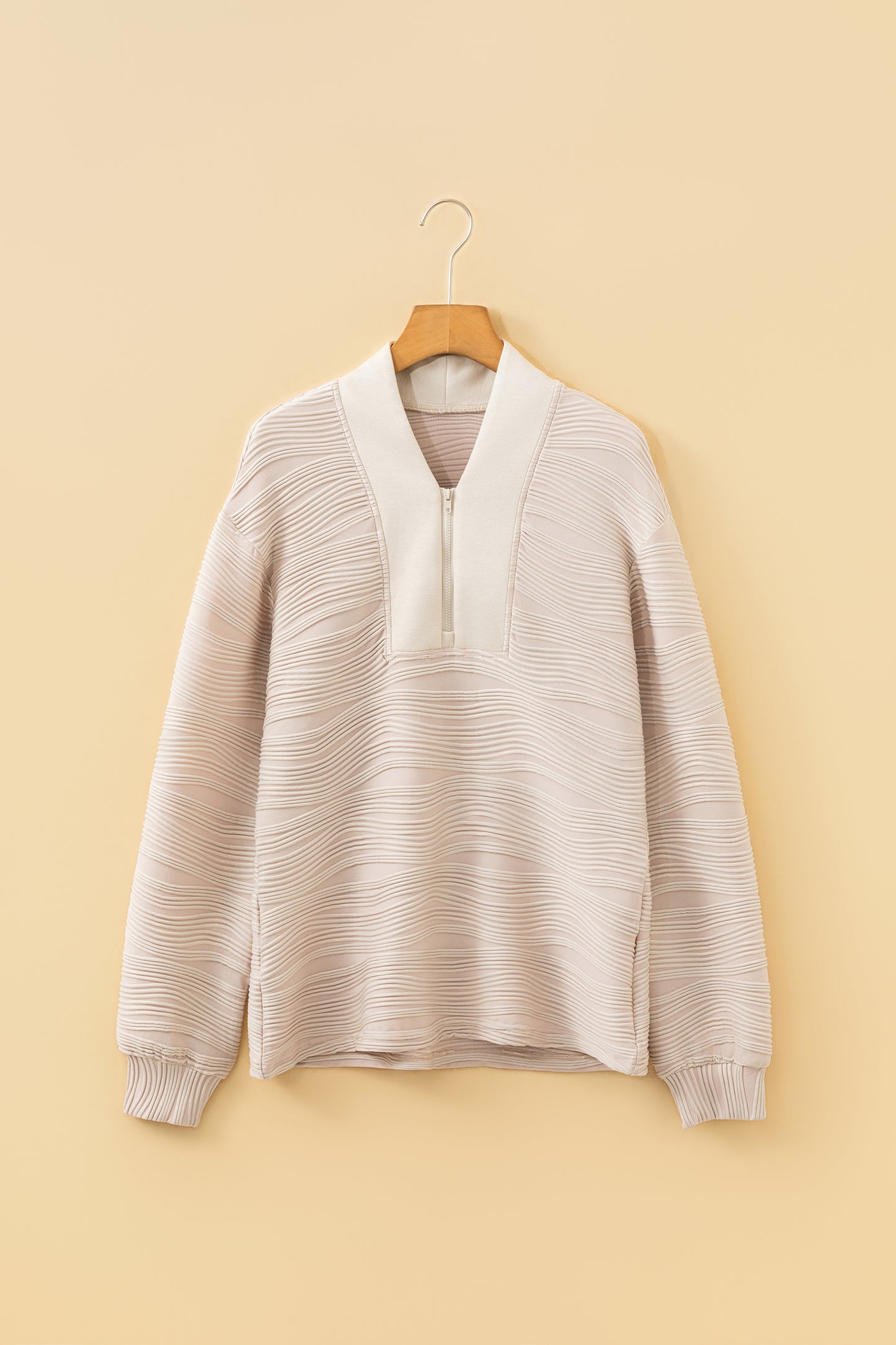 Parchment Solid Color Textured Zip V Neck Pullover Sweatshirt