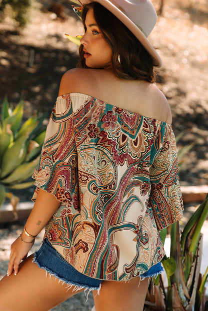 Apricot Paisley Printed Shirred Off Shoulder Ruffled Draped Sleeve Blouse