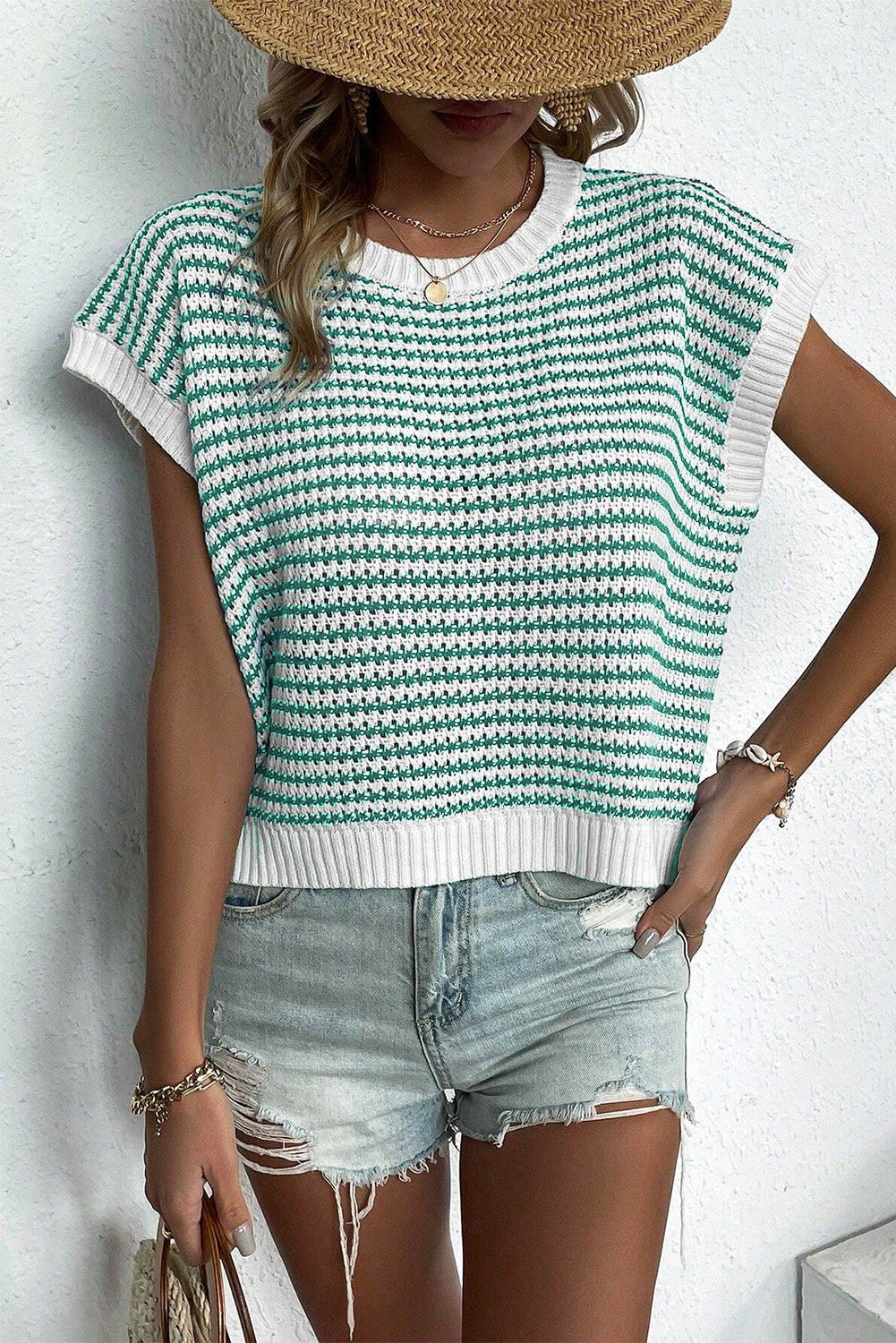 Green Stripe Ribbed Trim Loose Fit Knitted Sweater Vest