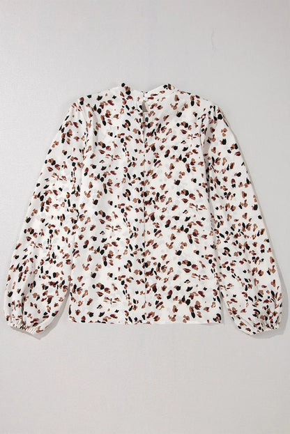 White Leopard Print Lantern Sleeve Mock Neck Pleated Blouse - Chic Meadow Boutique 