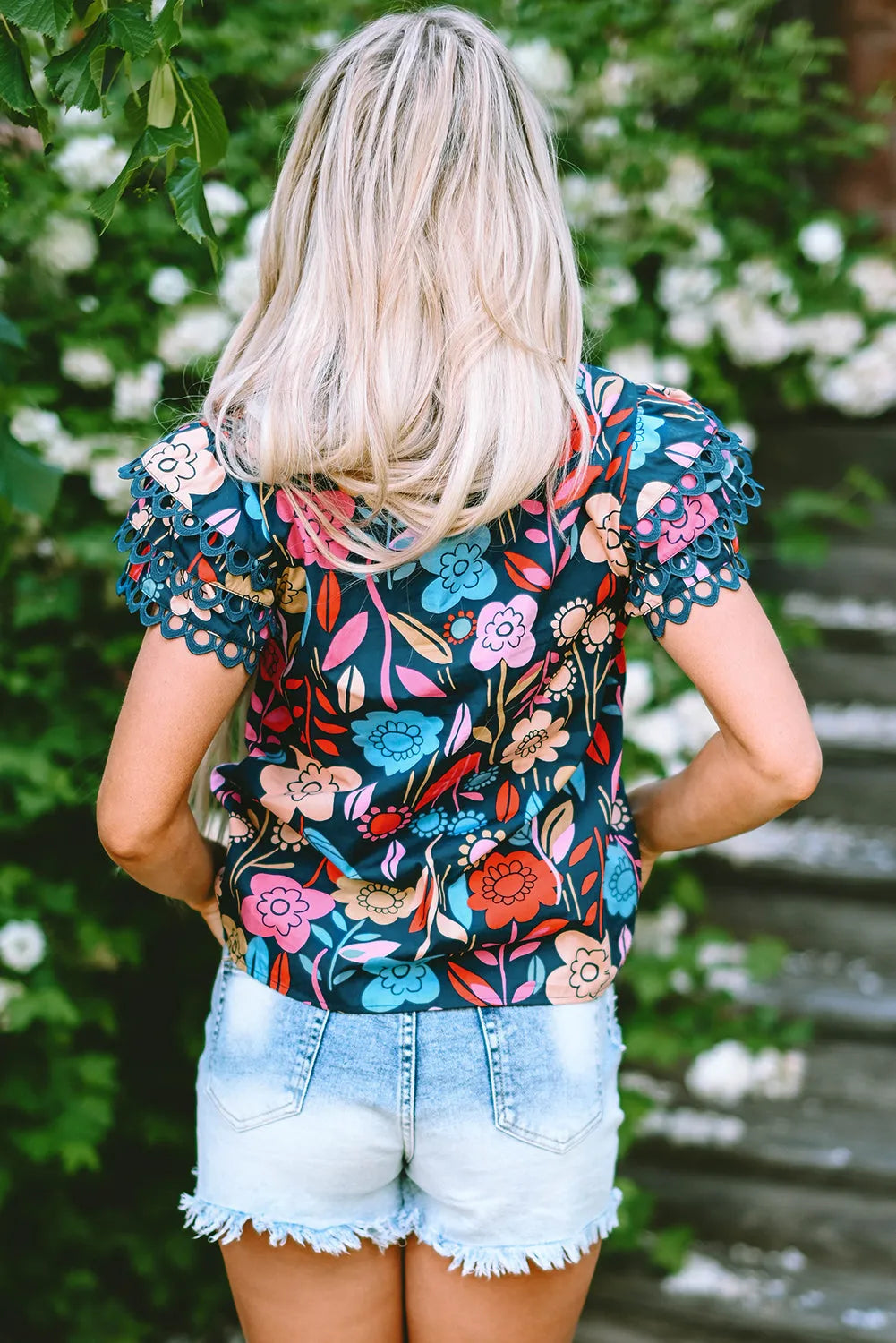 Green Trimmed Ruffle Sleeve Summer Floral Blouse - Chic Meadow Boutique 