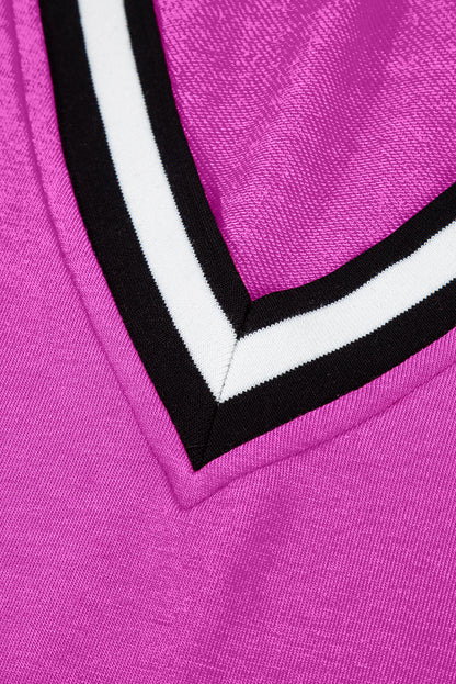 Purple Orchid Color Contrast Trim V Neck Shift Sleeveless Mini Dress