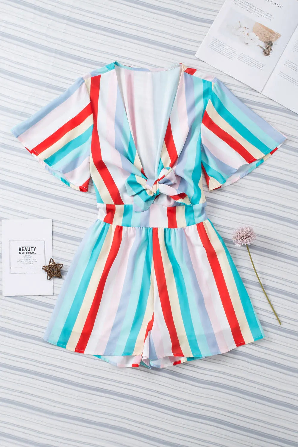 Multicolor Stripe Print Tie V Neck Flowy Romper - Chic Meadow Boutique 