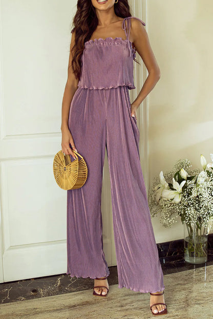 Rose Tan Solid Self Tied Straps Pleated Wide Leg Jumpsuit - Chic Meadow Boutique 