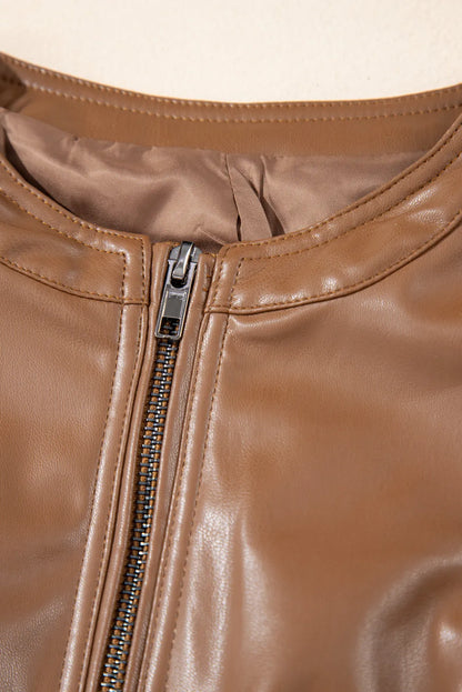 Chestnut Solid Faux Leather Zipper Slim Fit Jacket - Chic Meadow Boutique 