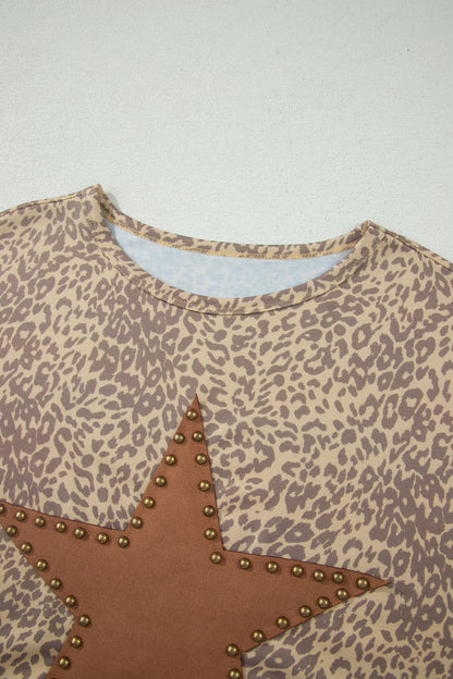 Khaki Leopard Retro Studded Star Patch Loose Tee