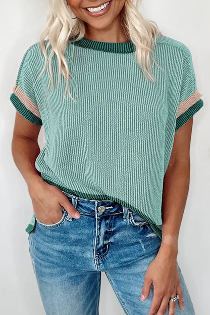 Grass Green Textured Contrast Trim Round Neck T Shirt - Chic Meadow Boutique 