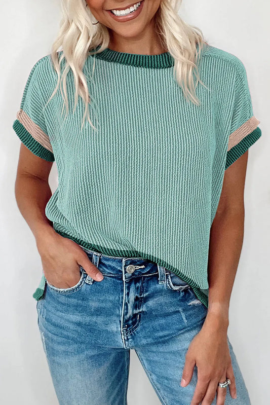 Grass Green Textured Contrast Trim Round Neck T Shirt - Chic Meadow Boutique 