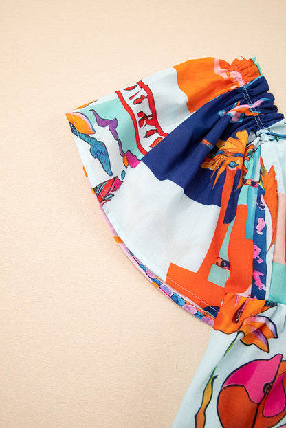 Sky Blue Tropical Printed Square Neck Flutter Sleeve Babydoll Blouse