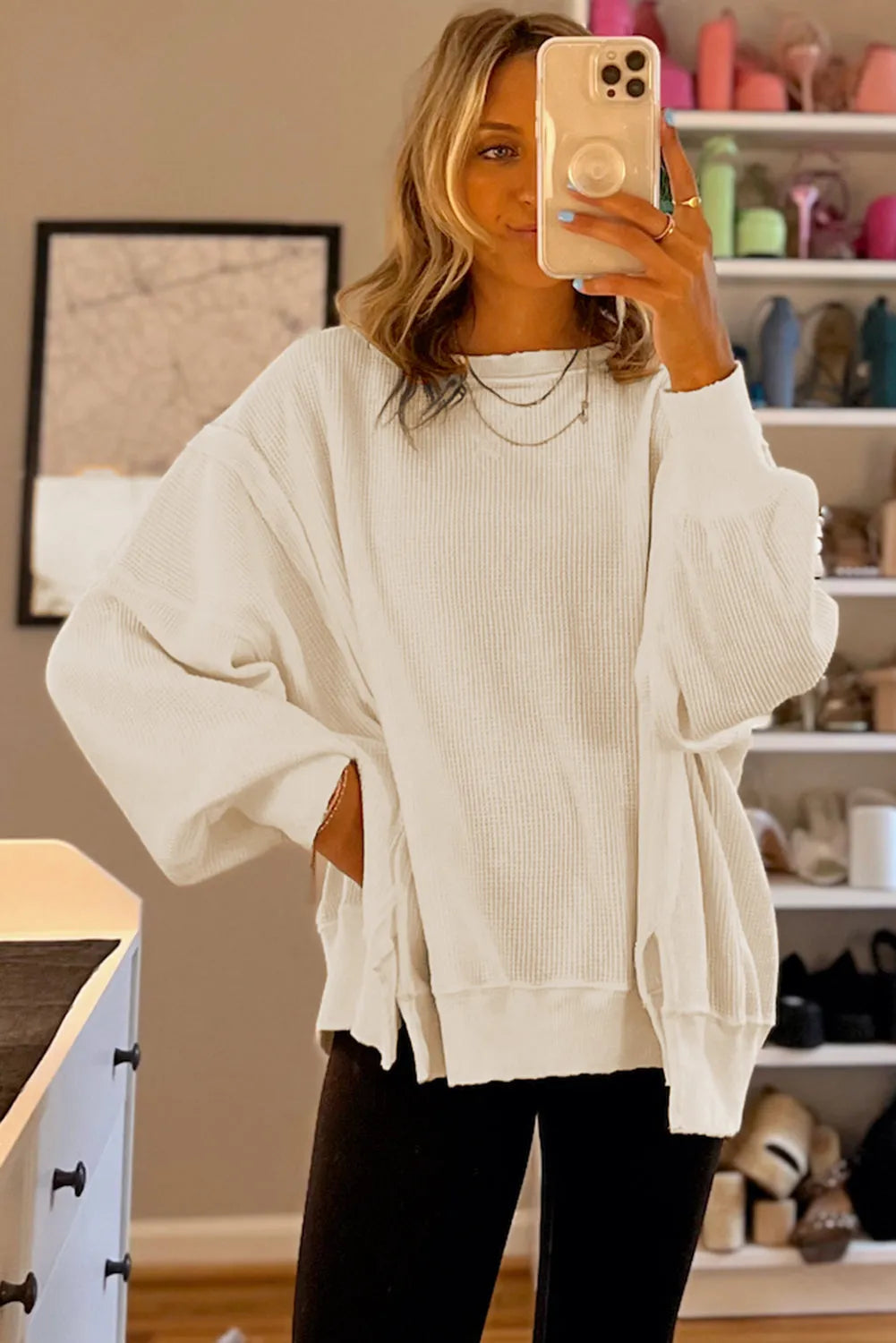 White Waffle Knit Bishop Sleeve Split Oversized Sweatshirt - Chic Meadow Boutique 