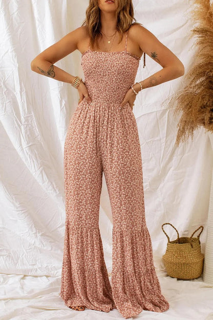 Bottoms/Jumpsuits & Rompers Khaki Thin Straps Smocked Bodice Wide Leg Floral Jumpsuit