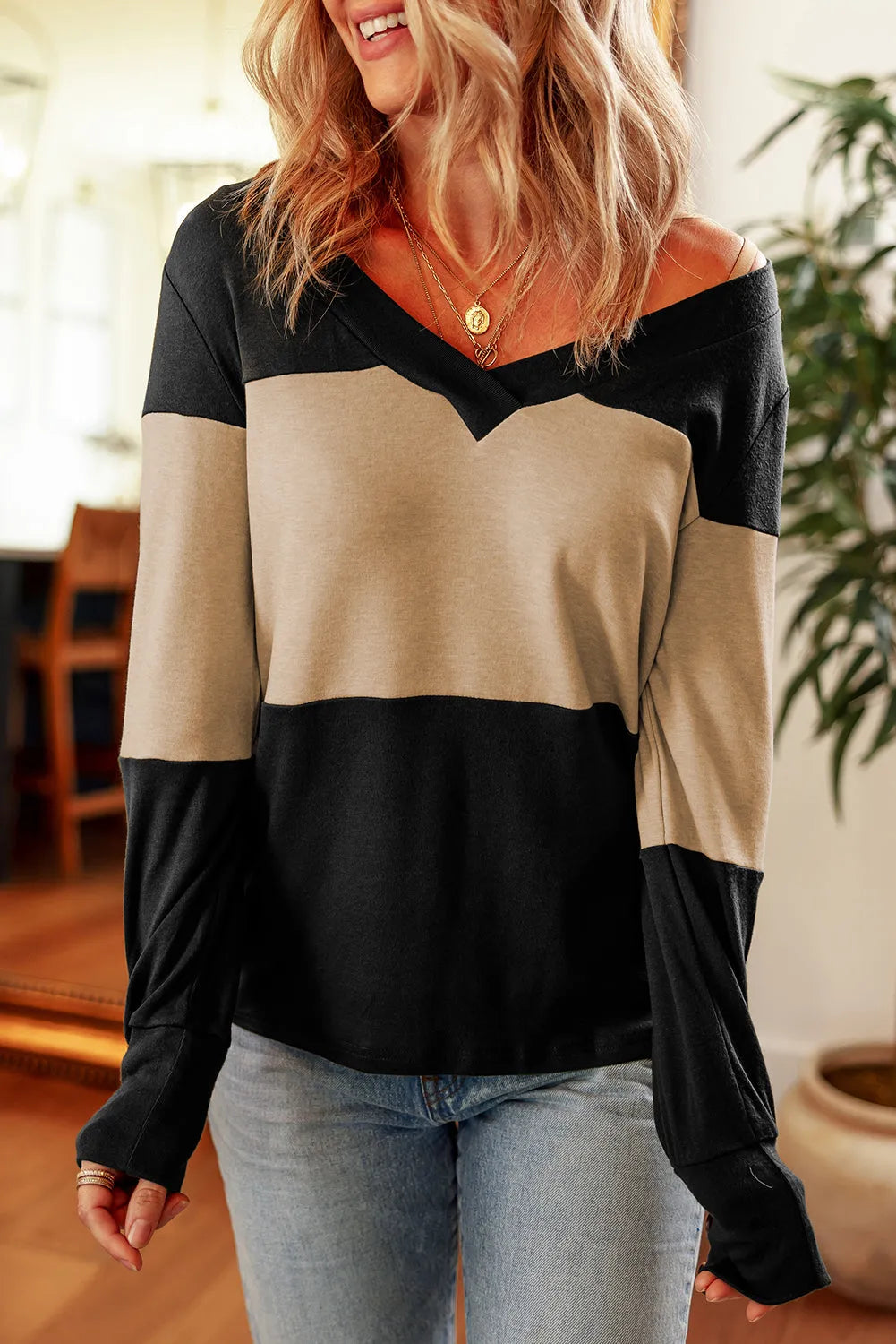 Parchment Colorblock Button Decor Long Sleeve V Neck Top - Chic Meadow Boutique 