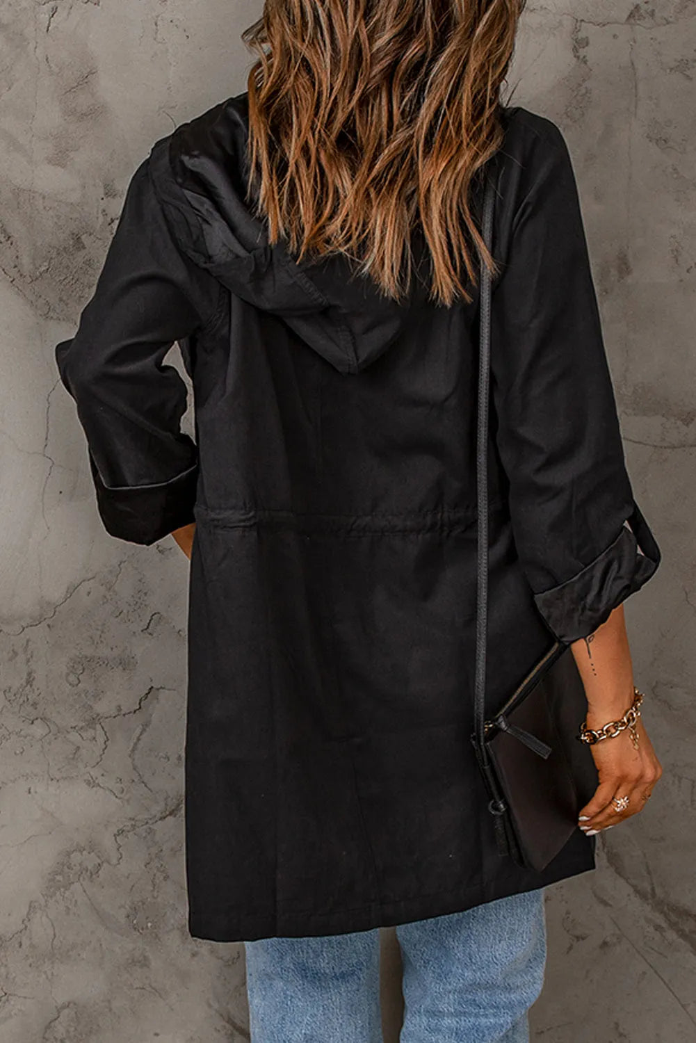 Black Drawstring Turndown Collar Hooded Outerwear - Chic Meadow Boutique 